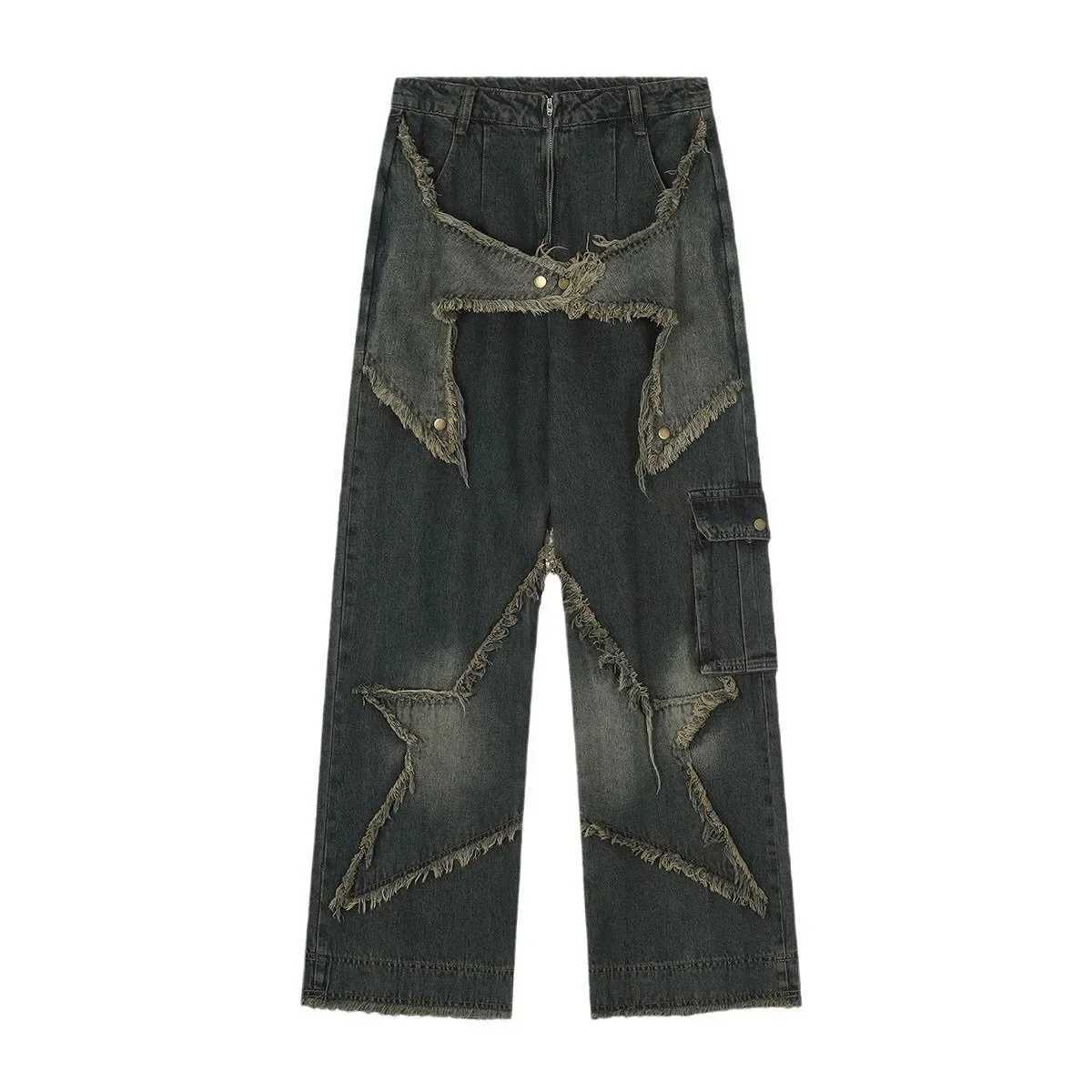 Starry Fringewashing Jeans Loose-Fit Straight-Leg Pants Hip Hop Style For Dancing Men And Women Couple Long Pants American StyleT250319