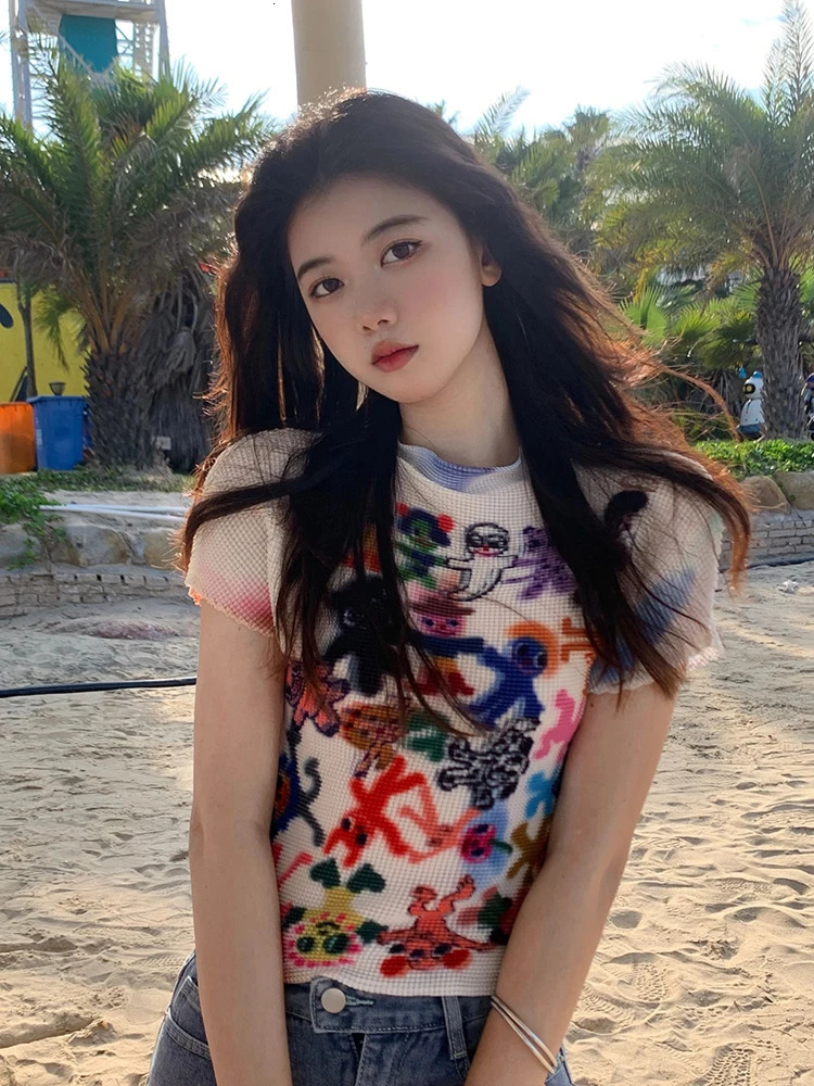 Womens T shirt Harajuku Korean Y2k Graphic Print Short Sleeve Tee Top Clothes Fashion Vintage Streetwear O-Neck T-shirts Summer 250320