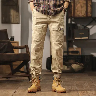 Cotton mens cargo pants with elastic waist and Trouser multi pocket casual jogging suitable for ankle length zipper purple drag 250317