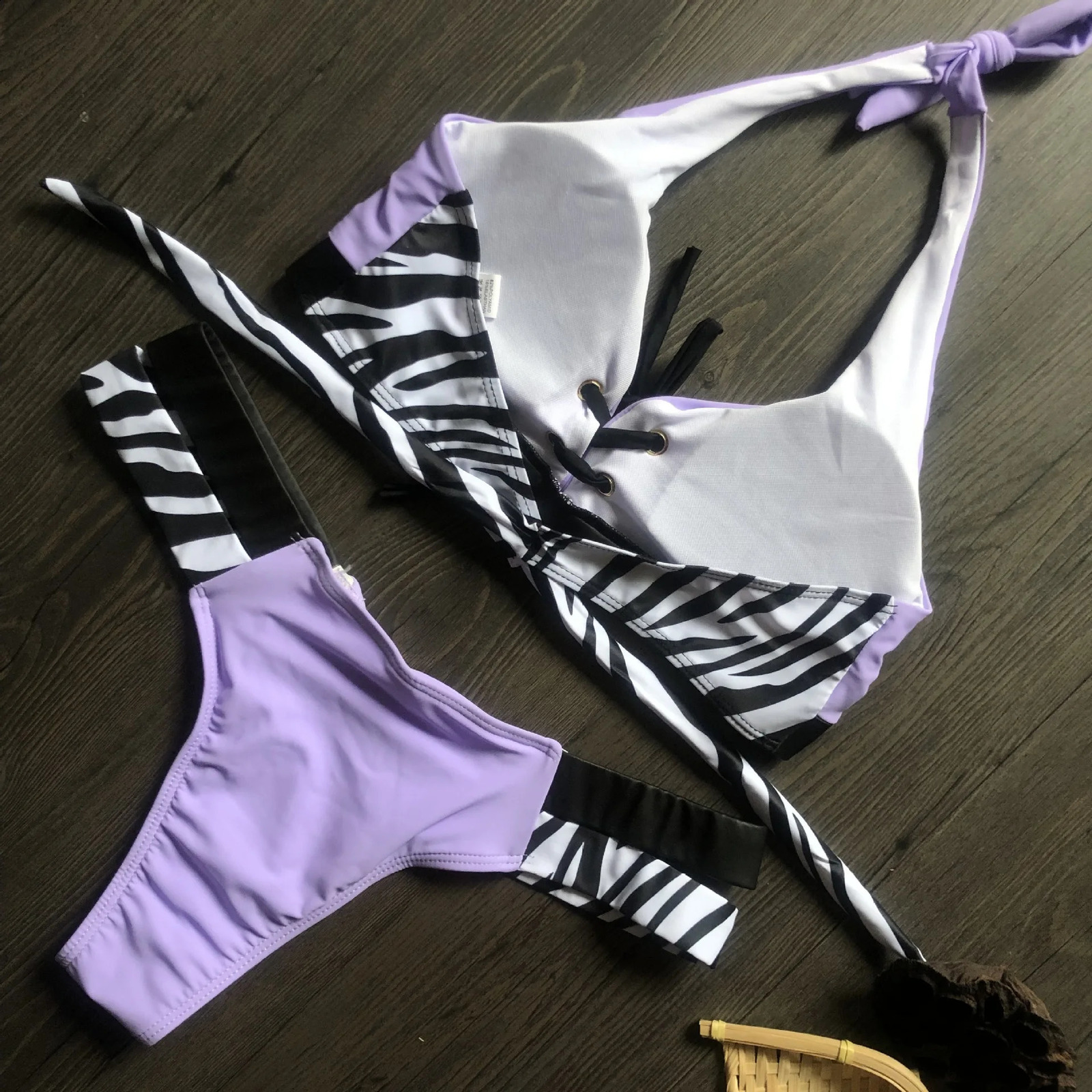 Sexy patchwork zebra strap Brazilian bikini womens swimsuit thong twopiece set high cut 250319