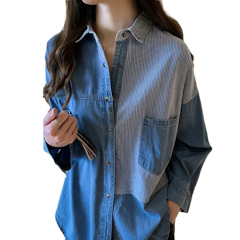 Womens Long Sleeve Denim Shirt Loose Cotton Blouse Turn Down Collar Dark Blue Tops Korean Fashion Autumn 7256 250319