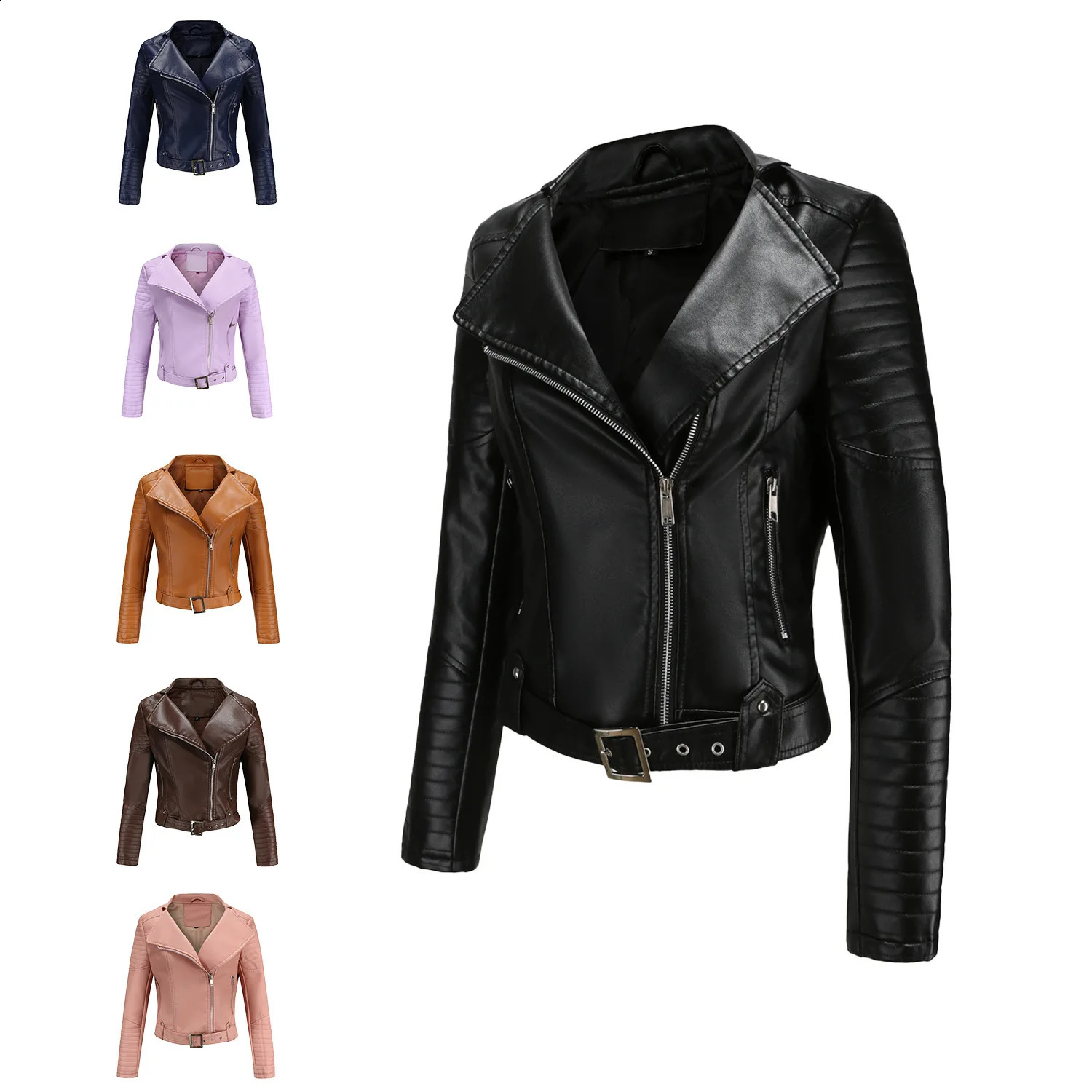 Womens motorcycle leather jacket long sleeved zipper lapel tie waist belt short outfit highquality autumn and winter outerwear 250319