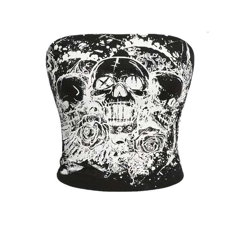 Clothes Shirt Designer Shirts Graphic Tee Summer and Autumn New Personalized Skull Dark Halloween Printed Open Navel Ultra Short Slimming Strapless Ta