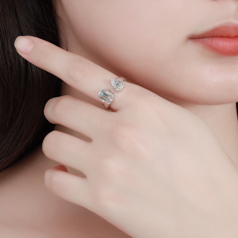 FEOBUR 3.25cttw Radiant Pear Cut Moissanite Diamond Rings for Wome S925 Sterling Silver Two-stone Open Ring Wedding Jewelry
