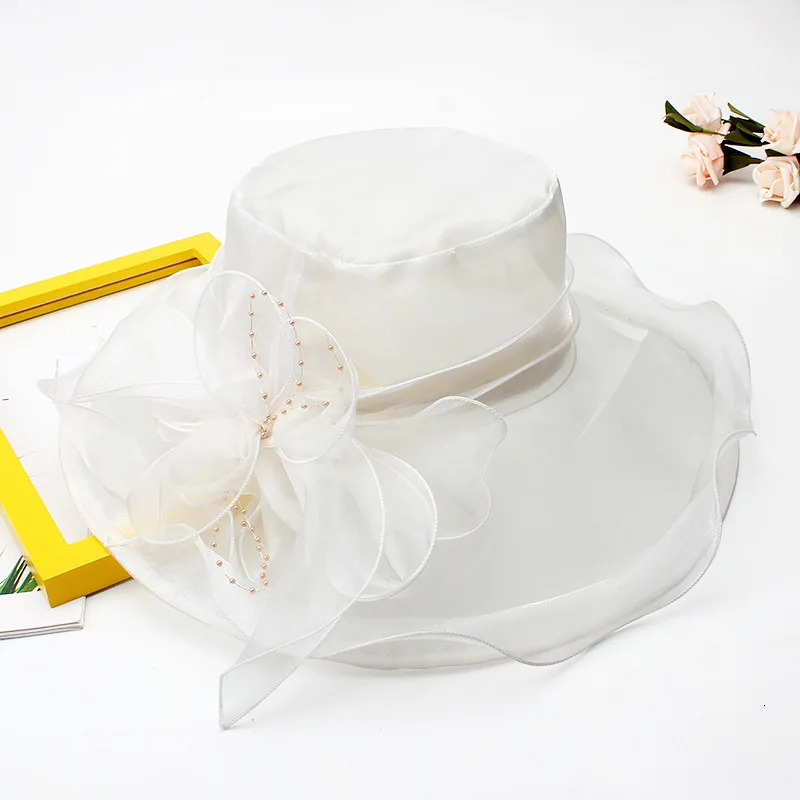 18 Color Ladies Summer Hat White Black Organza Church Fascinator Wedding Tea Party Derby Hats for Women Flower Wide Brim Sun Hat 250320