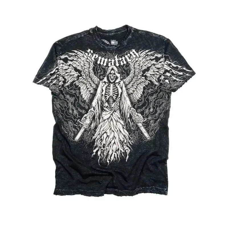 2000s Tops Harajuku Retro Men Gothic Dying Angel Black T-Shirt Hip Hop Oversized Women Short Sleeve Street Trend Clothing 250320
