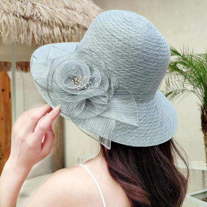 Bucket hat summer Organza flower breathable basin hat Sun Protection sunscreen Hat For Women Beach Hat Flanging cap 250320
