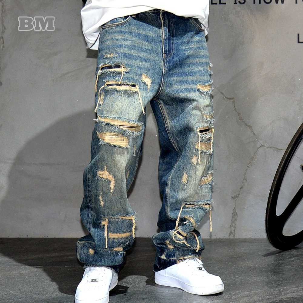 Mens Ripped Baggy Jeans Distressed Denim Streetwear Skateboard Pants Straight Leg Patchwork Oversized Urban Fashion WorkwearT250319