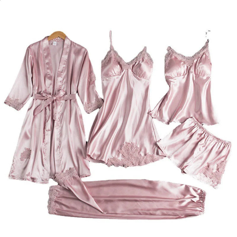5PC sexy and fashionable silk sleepwear set with lace satin for spring ansummer womens clothing camisole skirt pajama bathrobe 250319