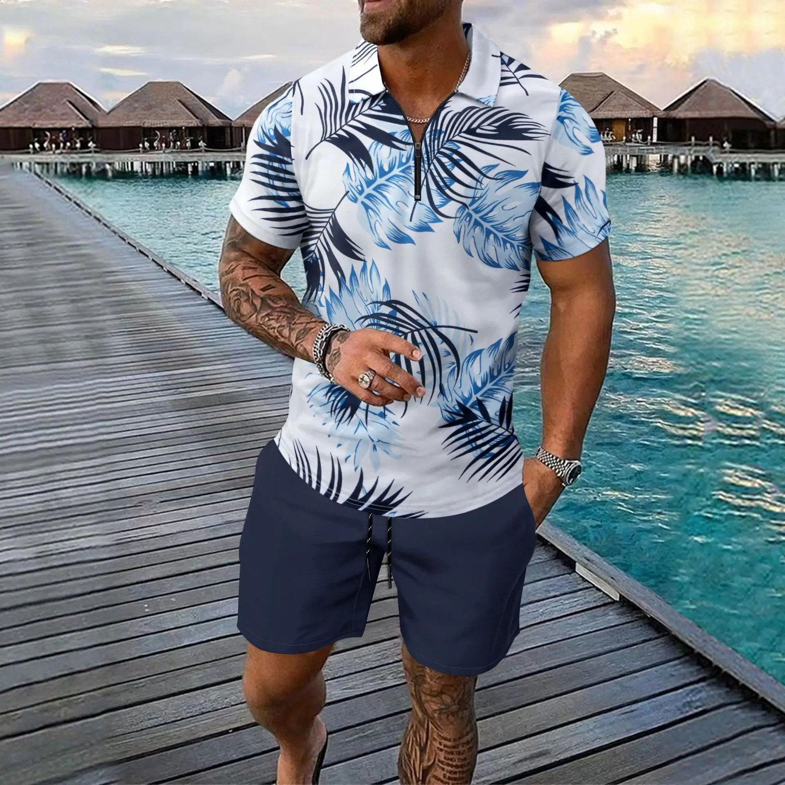 Cross-border Beach Mens European and American Digital Printed Zipper Short-sleeved POLO Shirt Shorts Set Short Sets 250319