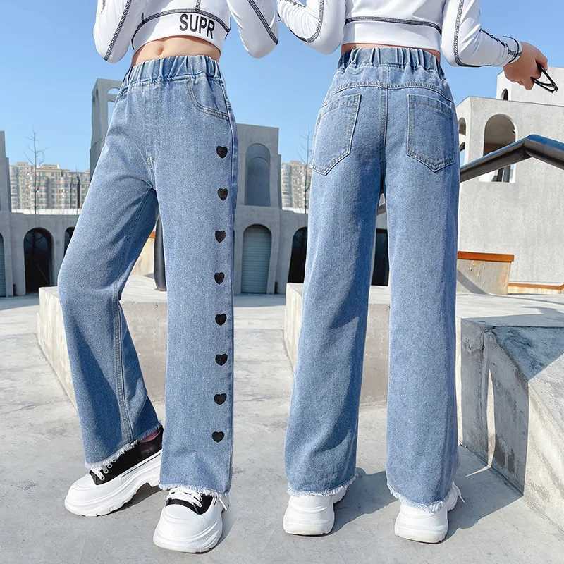 Spring Autumn Girls Jeans for Teen Children Heart Print Jeans Loose Wide Leg Pants Kids Denim Trousers for Girls 6 8 10 12 YrsT250326