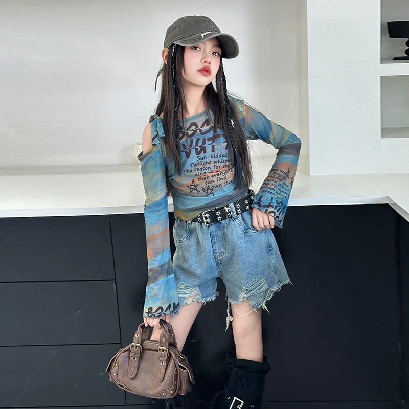 Childrens and Girls Hip Hop Clothing Set Long Sleeve Crop Top Cowboy Shorts Fashion Street Dance Stage 2PCS 250319