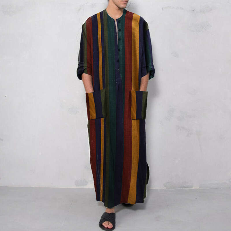 New Spring/Summer Clothing Long Sleeved Jumpsuit Arabic Striped Printed Muslim Men's Robe