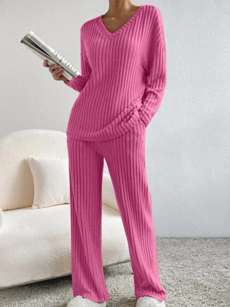 Two Piece Sets Outifits 2025 Spring and Autumn Fashion Casual Straightleg Pants Loose Vneck Pit Strip Knitted Suit 250319