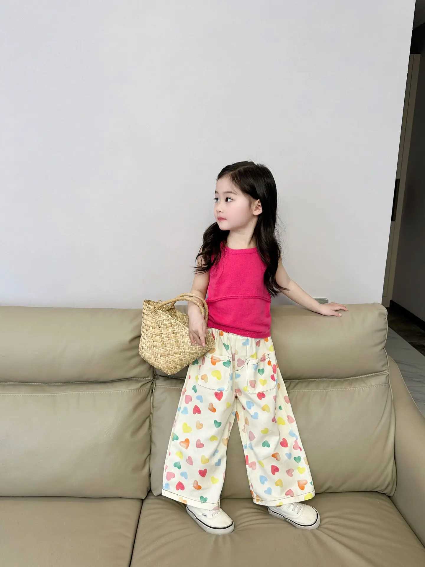 Interesting bear girl clothing childrens clothing childrens casual pants love printed style straight leg loose pants girls pantsT250326