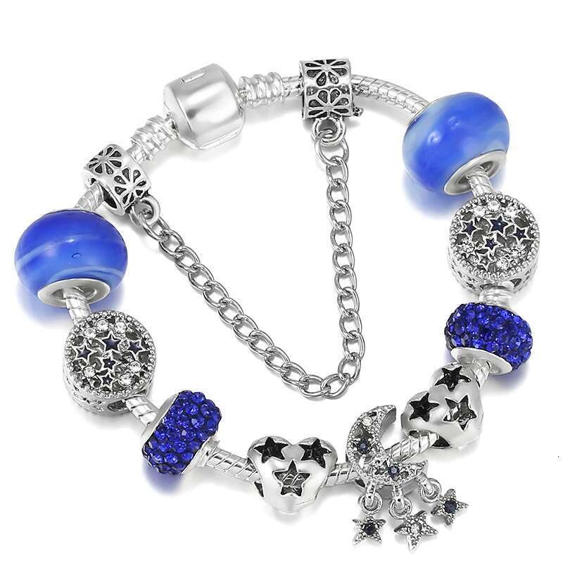 Silver Plated Blue Shinning Star Moon Charm Beads Bracelet With 16cm-21cm Snake Chain Bracelet Bangle DIY Jewelry Gift For Women