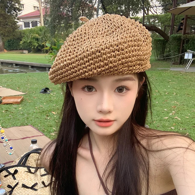 Summer Straw Berets for Women Ins Crochet Straw Hat Female Cool Cap Outdoor Spring Beach Hat Boina Gift 250320
