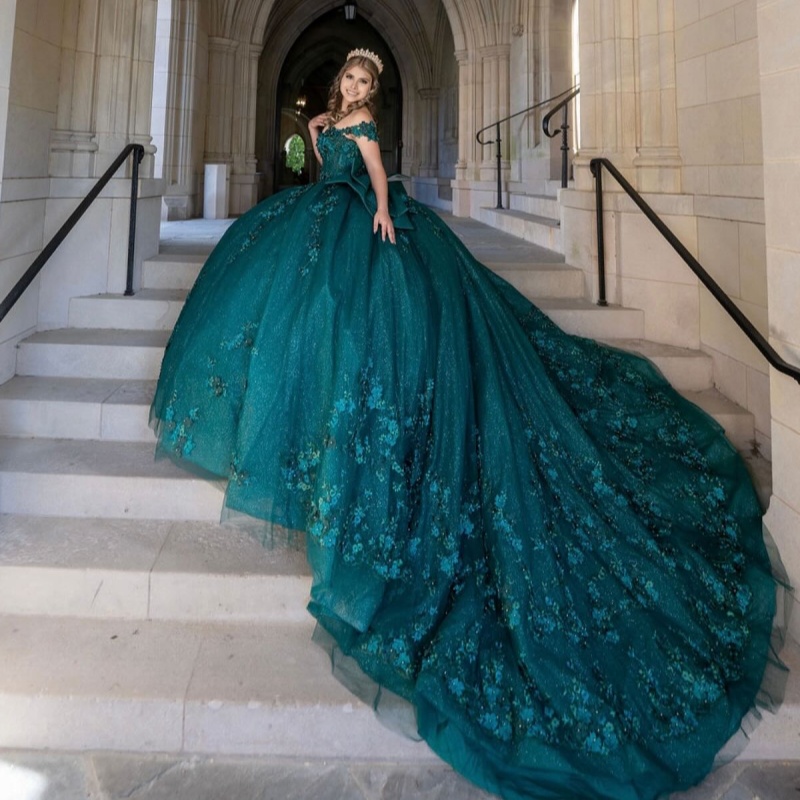 Blackish Green Shiny Off Shoulder Quinceanera Dresses Applique Lace Beading Bow Tull Tiered Party Birthday Sweet 16 Dress Vestidos 15 De Anos
