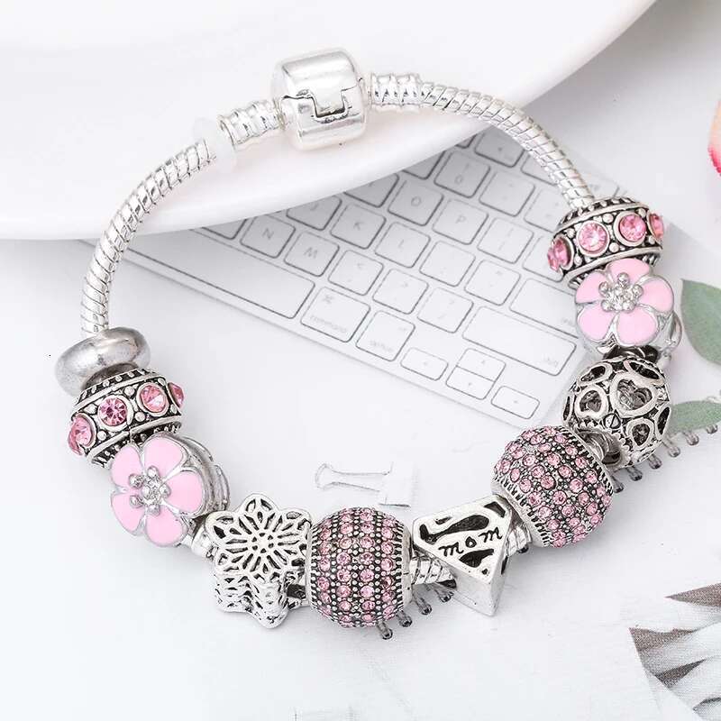 Romantic MOM Charm Bracelet For Women Mother With Flower MOM Beads Fit Original Fine Bracelets Bangles Fashion Jewelry