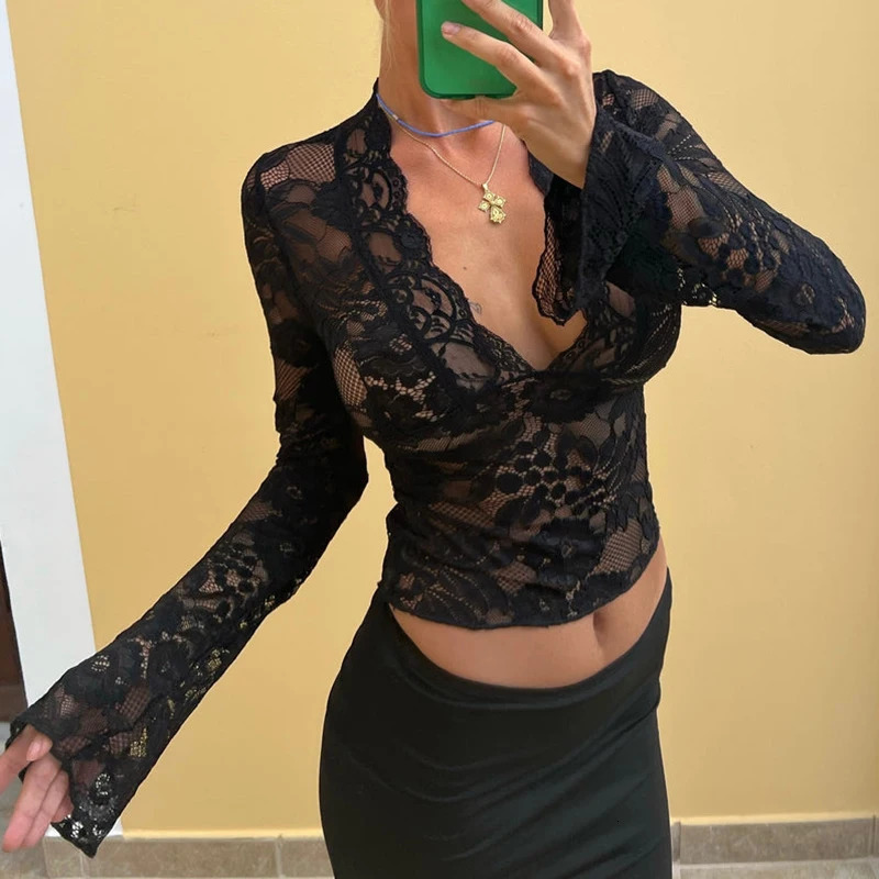 Women Y2k Lace See Through Tee Shirt Sexy Sheer Mesh Long Sleeve Crop Top Low Cut Floral Lace Slim Fit Shirt Summer Cover Ups 250320
