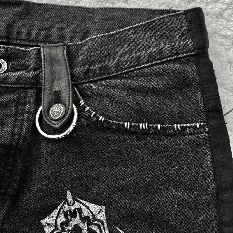 Y2K baggy Jeans Black Vintage Cross Leather Detail Punk Flared Jeans Gothic Streetwear Harajuku men women Casual wide leg jeansT250319