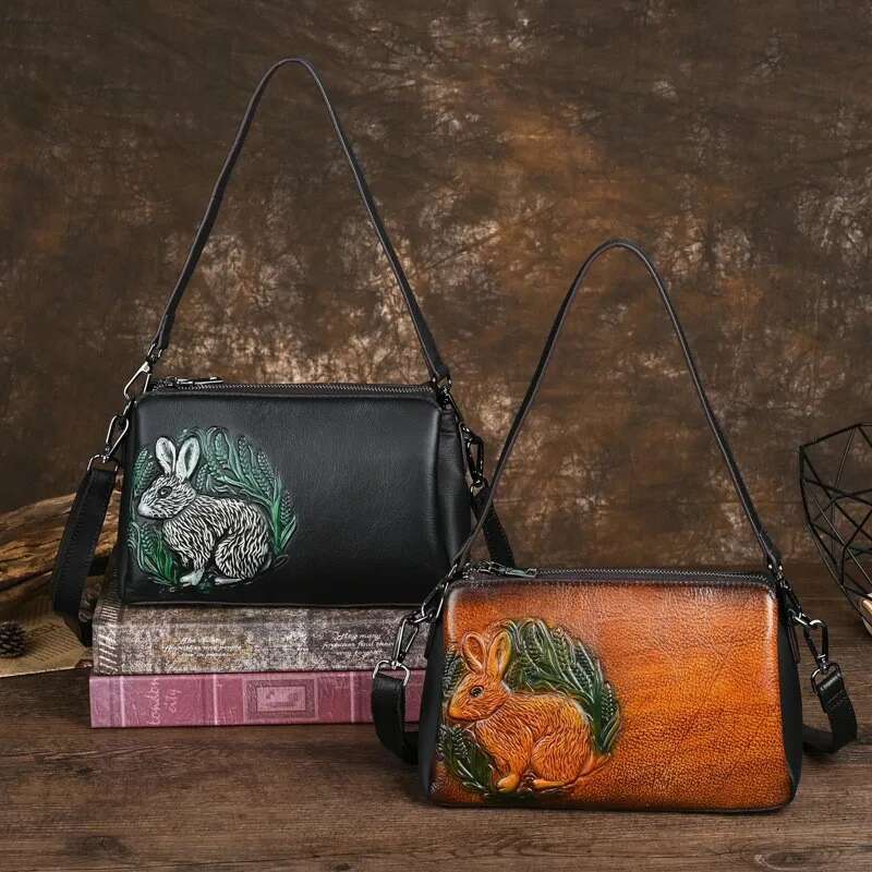MOTORA New Genuine Leather Women Shoulder Bags Retro Rabbit Emed Handbag Ladies Small Cowhide Handmade Crossbody Bag