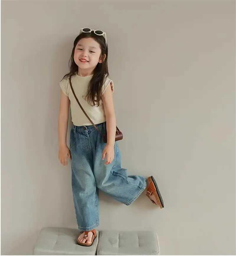 Interesting Bear Girl Clothing Childrens Clothing Summer Bag Multi Pocket Elastic Waist Jeans Wide Leg PantsT250326