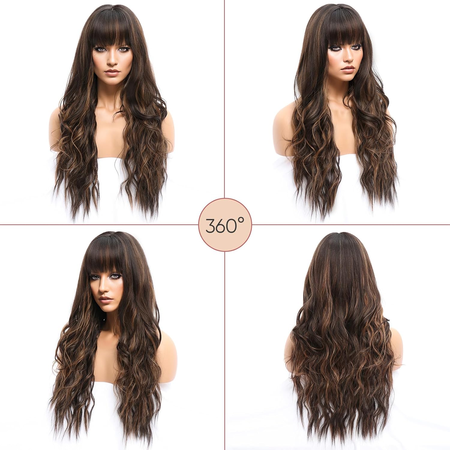 Brown Highlight Wig with Bangs Long Wavy Wig for Women Dark Brown Wigs with Highlights Natural Appearance Heat-Resistant Synthetic Wig Suitable for Fa