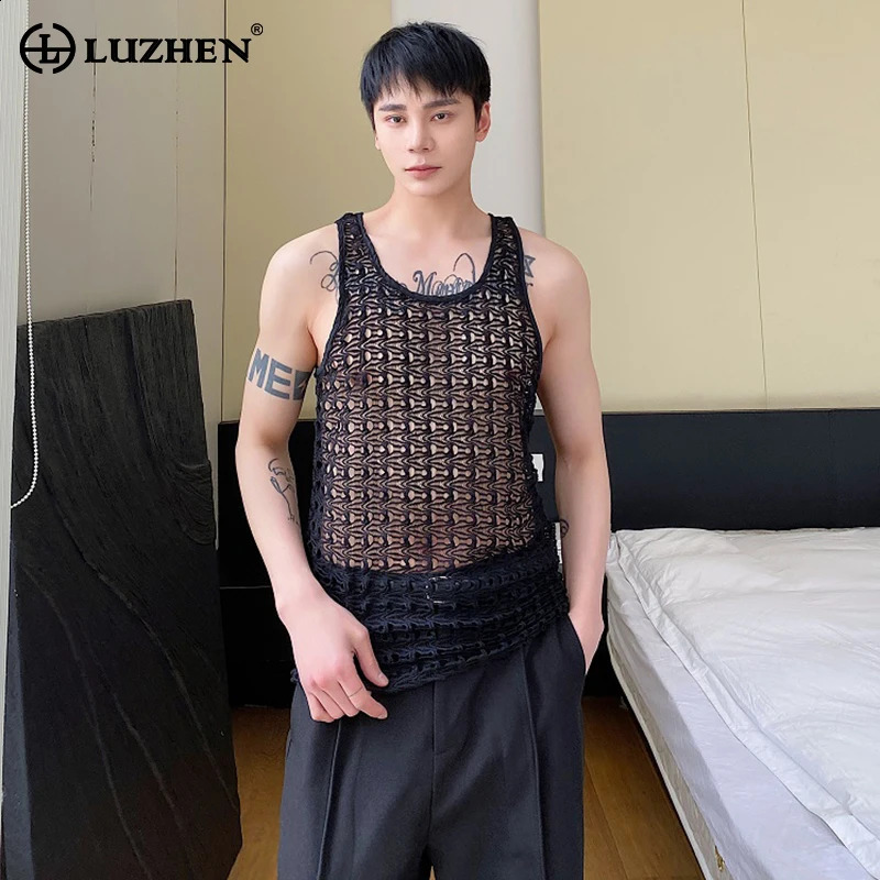 LUZHEN Summer Hollow Perspective Trendy Sleeveless Tank Top Personalized Fashion Street Original Mens Tank Top LZ2121 250318