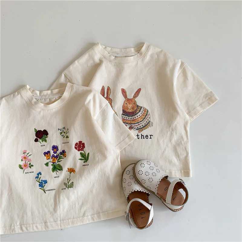 2152B Childrens T-shirt 2022 Summer Childrens Short sleeved Cartoon Top Boys and Girls Rabbit Flower Printed T-shirtT250320