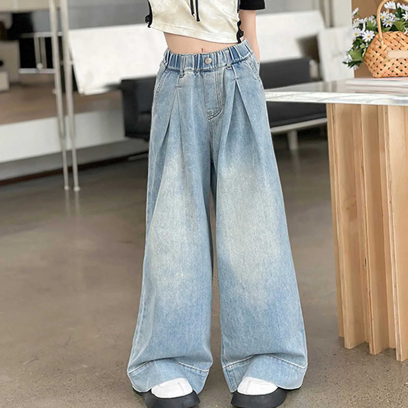 Girls Fashion Jeans Vintage Style Elastic Waist Loose Straight Wide Legs Denim With Pockets Spring Summer Outfits Girl TrouserT250326