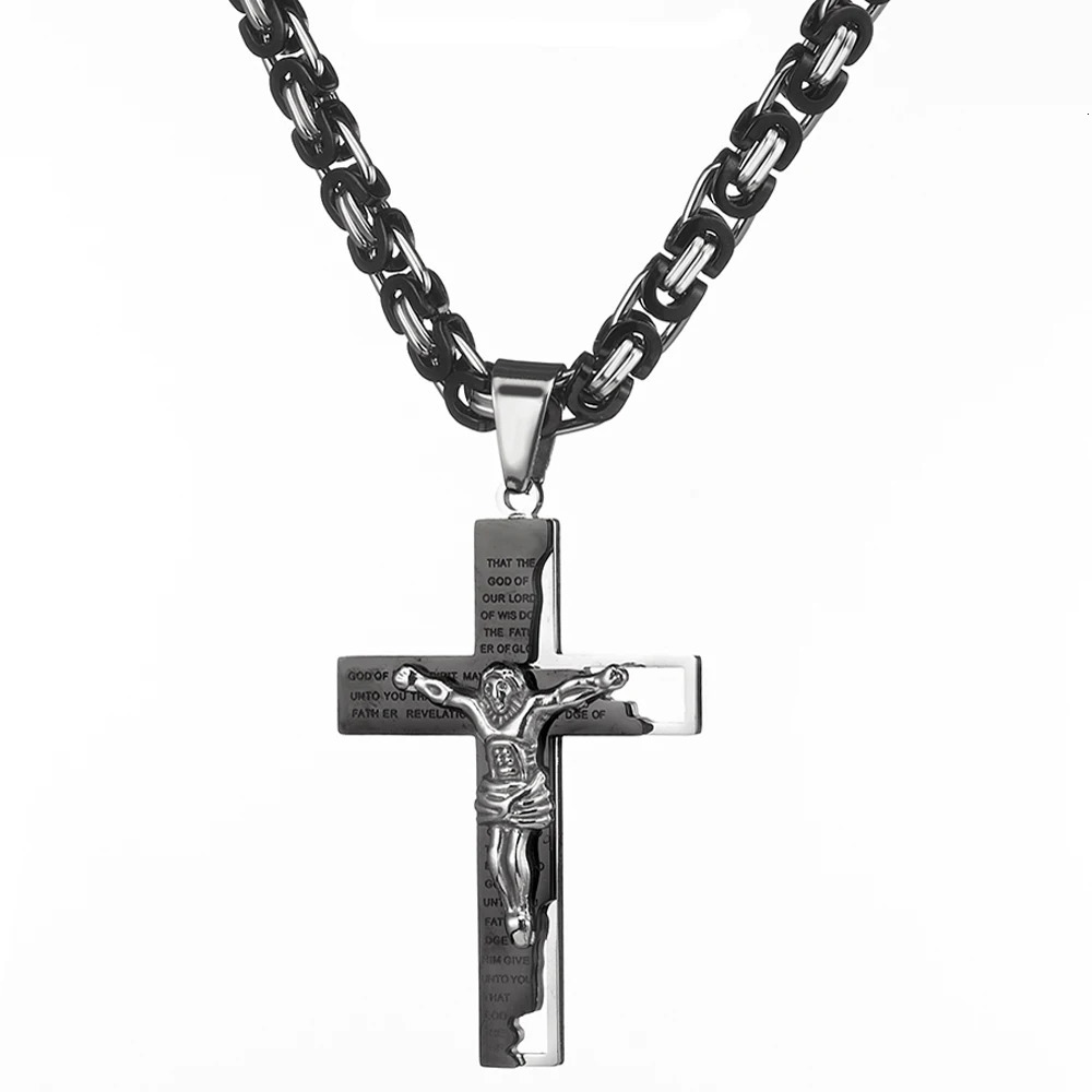 6mm Flat Byzantine Chain Necklace For Mens Neck Jewelry Stainless Steel Silver Gold Black Color Jesus Cross Pendant 250320bj