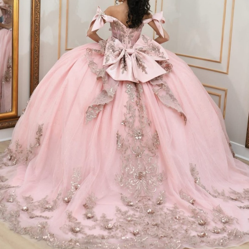 Pink Shiny Princess Ball Gown Quinceanera Dresses Lace Appliques Beading Crystals Bow Tull Sweet 16 Dress vestidos de 15 anos