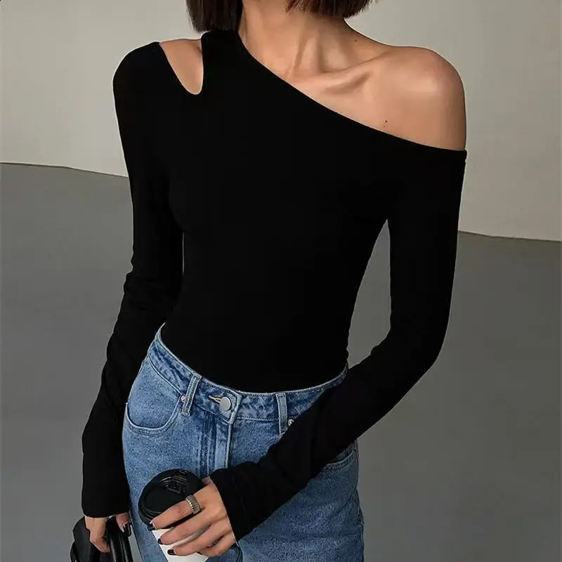 Club Party Sexy Ladys TShirts Slash Neck Cut Out Bodycone Long Sleeve Top sweet Spicy Girls Black Tees Y2K Punk Women Tee 250311
