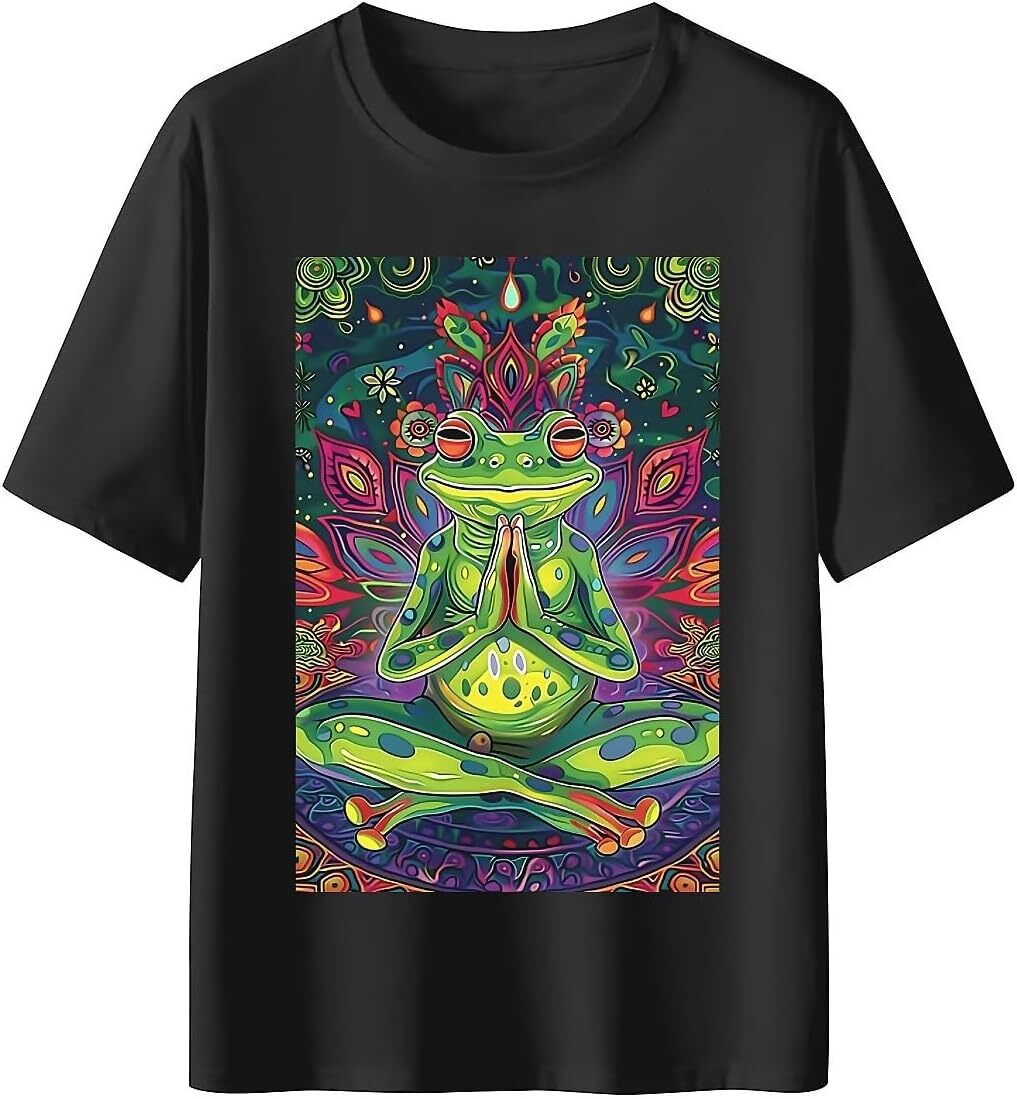 T shirt for Mens Mens Novelty T-Shirts Graphic 2D Print Summer Short Sleeve Funny Cartoon Frog Meditating Lotus Shirts Tshirt Graphic Tee Casual Tops 