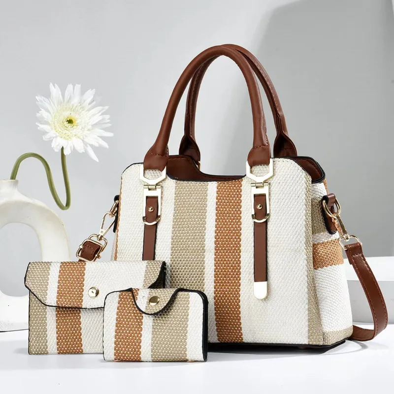 3 Piece Set Womens Bag 2024 Summer Large Womens Handbag with Wallet Vertical Stripes Womens Shoulder Crossbody Bags 250314
