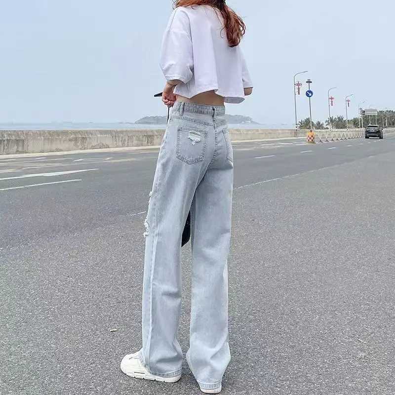 Perforated high waisted jeans for womens spring and summer thin straight tube loose 2022 new casual thin wide leg pantsT250326