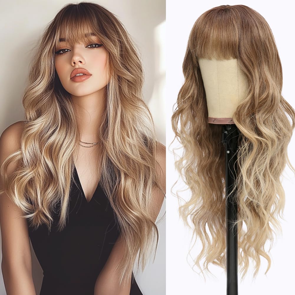 Long Ombre Blonde Wavy Wig with Bangs for White Women Dirty Blonde Natural Looking Female Wigs With Dark Roots Synthetic Fiber Hair Wig for Daily Part