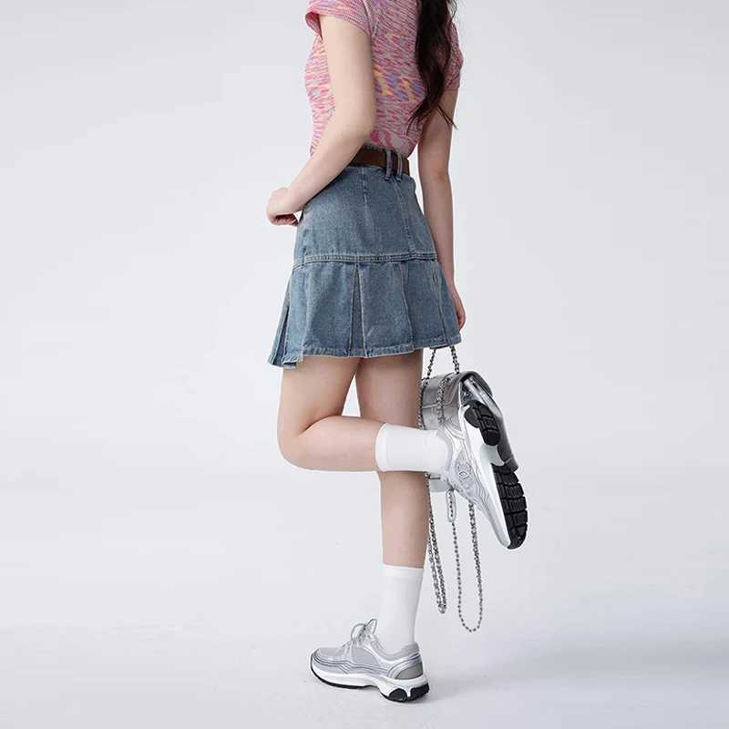 Womens Short Folded Skiing 2024 Summer New College Style High Waist A-Line Short Denim Leather Fashion Blue Denim LeatherXJ250320