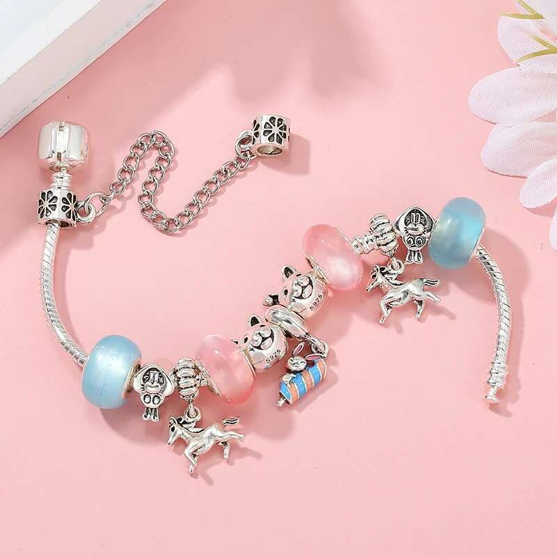 Silver Color Lovely Rabbit Beads Charm Bracelet With Gallng Mustang Pendant DIY Bracelets For Women Jewelry Gift Dropshipping