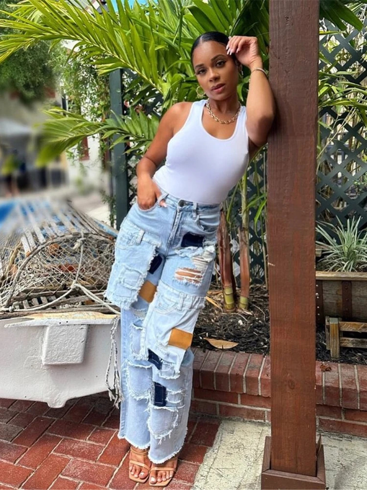 Womens Denim Pants Jeans Straight Trousers Long Pants Hole High Waist Y2k Streetwear Pockets Mom Jeans Spring Hollow Out 250314