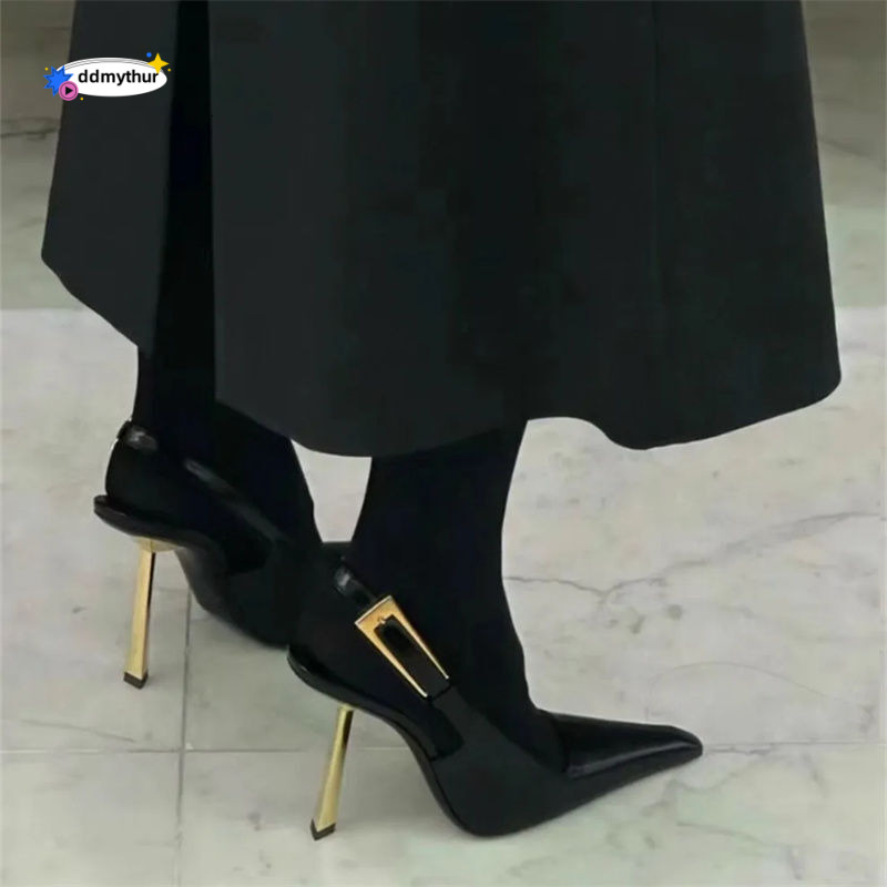 24 Early Spring Small Gold Bar Sandals, Shallow Mouth Square Head, Lacquer Leather Side Hollow Headband, Super High Heel, Metal Buckle, Pointed Fashio