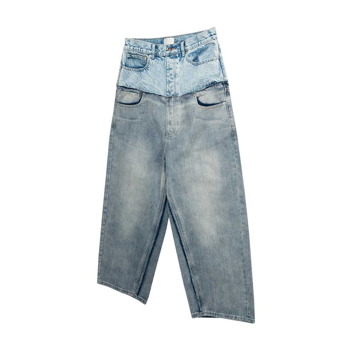 Cut double-layer double waist spliced work bag jeans suitable for men and women straight casual loose denim shortsT250319
