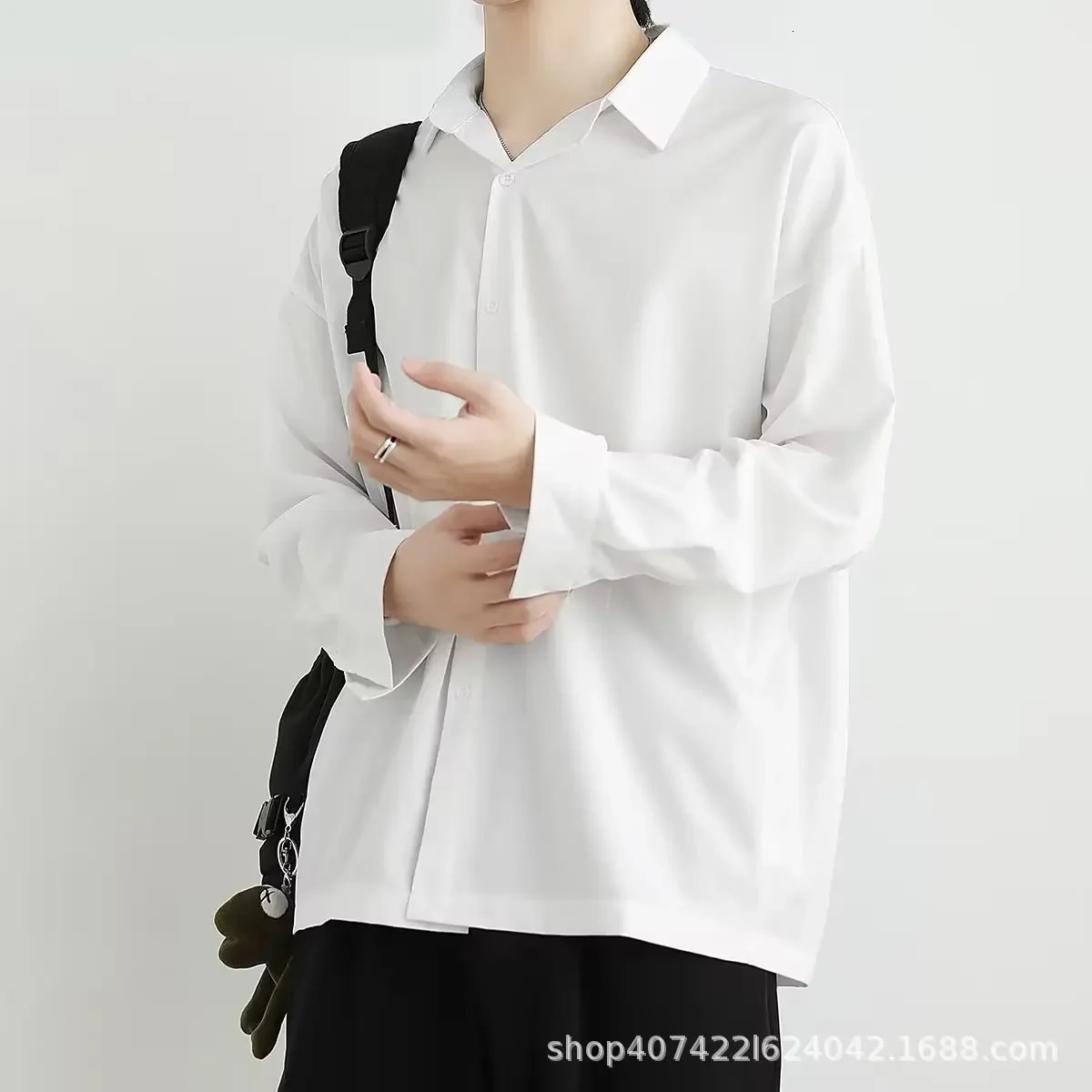 Loose-fit Ice Silk Draped Blackshirt Long Sleeve Autumn Trendy Casual Mens Wear White Shirt Jacket For Men Fashion 250320