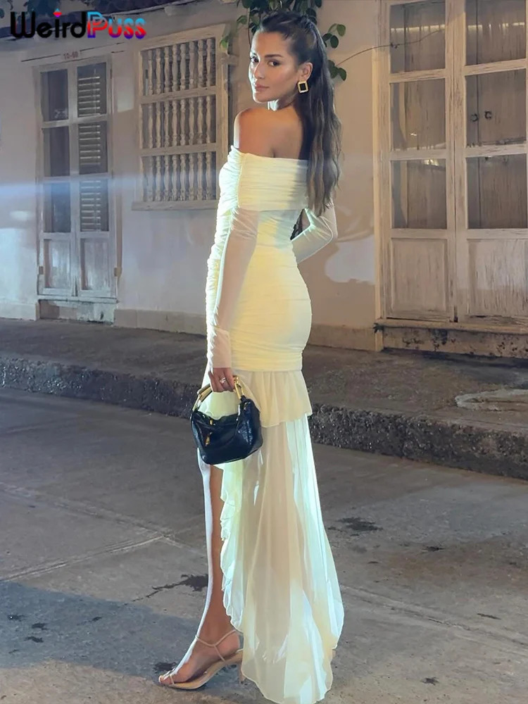 Weird Puss Elegant Sexy Dress Women Slash Neck Irregular Hem Side Tassel Birthday Party Full Sleeve Ruched Mini Bodycon 250320