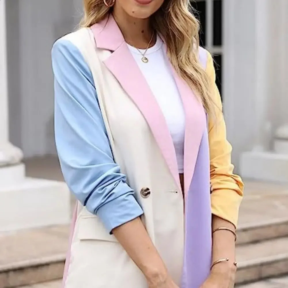 Womens casual business jacket spring summer autumn style lapel long sleeved polyester fiber pocket fashionable 250319
