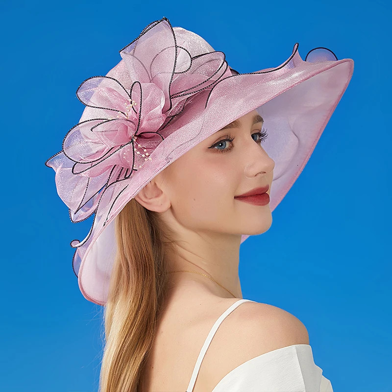 French Vintage Foldable Organza Flowers Hats Women Summer Ruffles Wide Brim Church Bridal Sun Hat Ladies Outdoor Styling Caps 250320