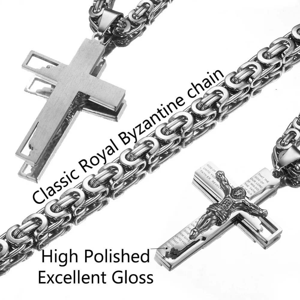 6mm Flat Byzantine Chain Necklace For Mens Neck Jewelry Stainless Steel Silver Gold Black Color Jesus Cross Pendant 250320bj