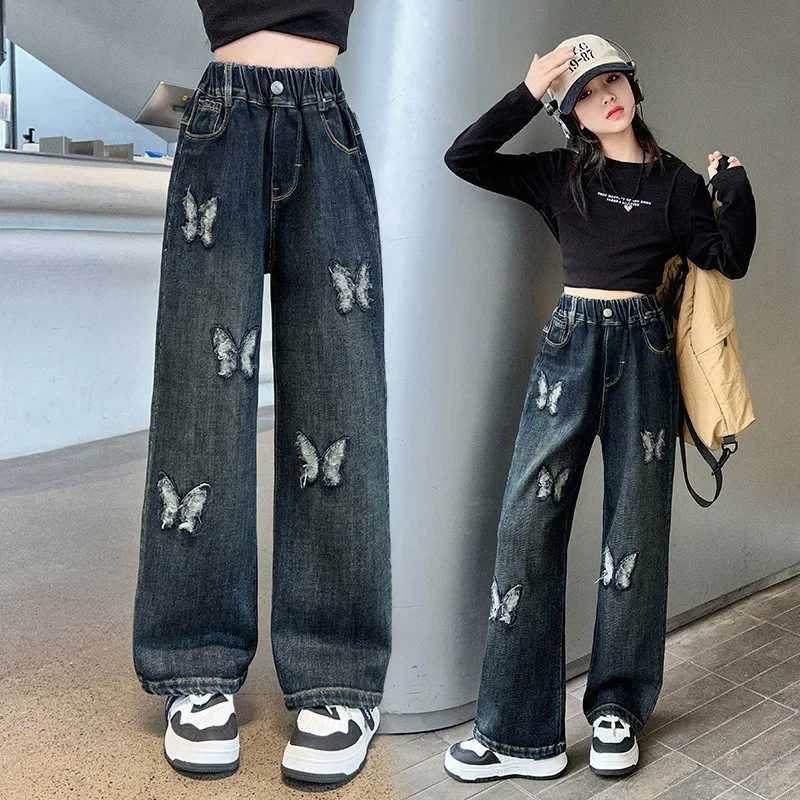 Autumn Teenage Girls Butterfly Embroidered Jeans Elastic Waist Teenage Children Wide Leg Pants Children Trouser Straight Leg JeansT250326