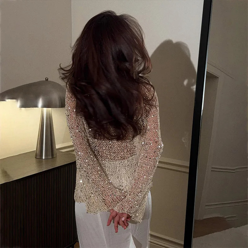 Women Sequins Pullover Hollow Out Knit Top Loose O-neck Long Sleeve Sweater Sweet Sexy Glitter Lady Shirts Spring Sumer 250320